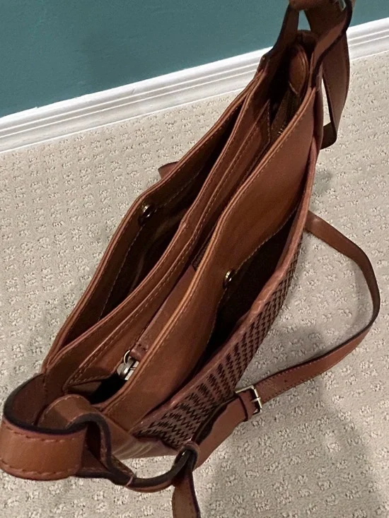 New Super Soft  Woven Leather Crossbody Bag - Tan/Brown - Picture 11 of 13